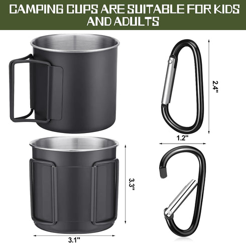 Zhehao 4 Pcs Camping Mugs, Stainless Steel Camping Cups with Folding Handles, Portable 12 oz for Outdoor Use