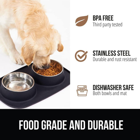 Gorilla Grip 100% Waterproof BPA Free Cat and Dog Bowls, Silicone Feeding Mat Set with Stainless Steel Bowl