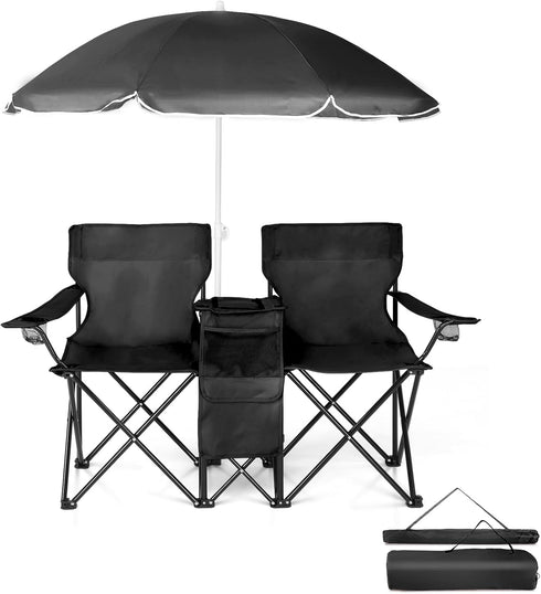 UDeuxff Folding Double Camping Chair w/Umbrella Beverage Holder Carrying Bag Cooler Fold Up