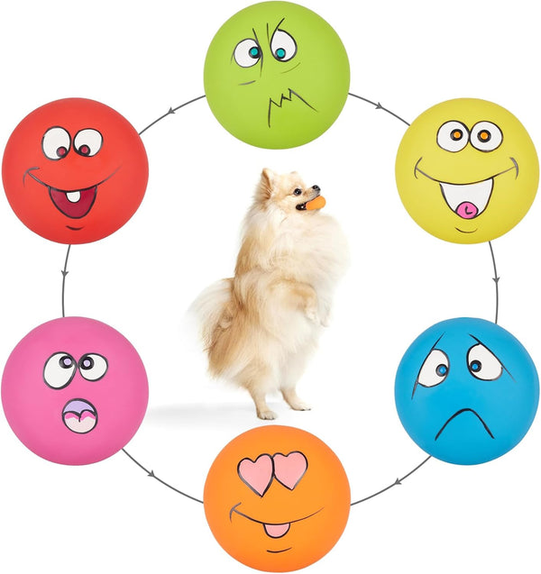 Dog Squeaky Toys, Latex Squeaky Balls for Small Puppy Chewing, Soft Fun Emoji Balls (6 PCS)
