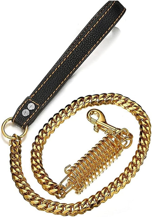 Gold Dog Chain Leash 15mm Cuban Link with Strong Buffer Spring, No-Pull Genuine Leather Handle for Large Dogs