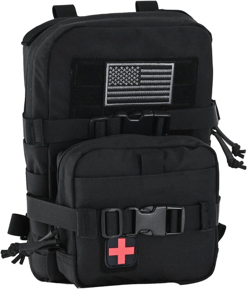 Tactical Mini Molle Hydration Pack - Hydration Carrier with IFAK Pouch, US Flag & Med Patch (Black)