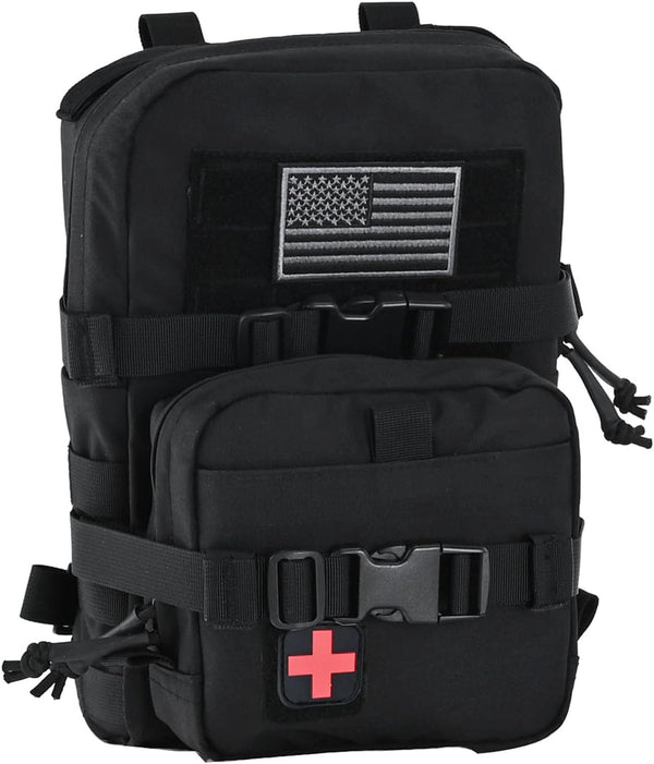 Tactical Mini Molle Hydration Pack - Hydration Carrier with IFAK Pouch, US Flag & Med Patch (Black)