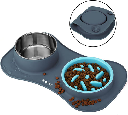 Slow Feeder Dog Bowls 3 in 1 - Stainless Steel Food and Water Bowls with Non-Spill Silicone Mat for Dogs and Cats
