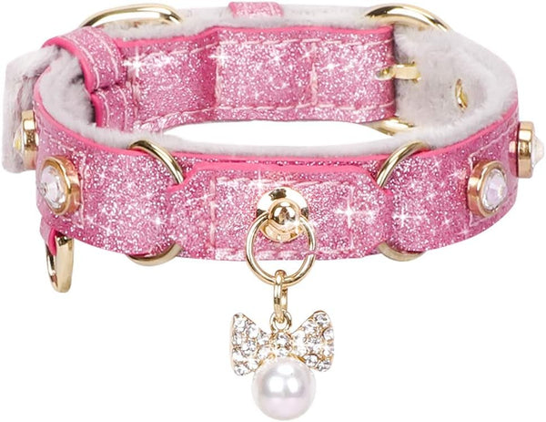 PetsHome Adjustable Cat Dog Collar, Bling Rhinestones PU Leather with Luxury Pendant for Extra Small Dog and Cat, Pink
