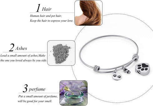 Always in My Heart Expandable Cuff Cremation Bracelet for Ashes - Dog Cat Paw Prints Pet Memorial Urn Jewelry