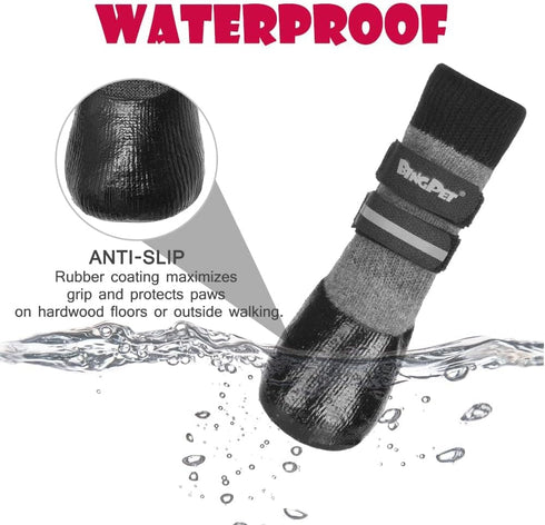 BINGPET Anti-Slip Dog Socks, Waterproof Paw Protectors with Reflective Straps, 4pcs Dog Boots for All Season