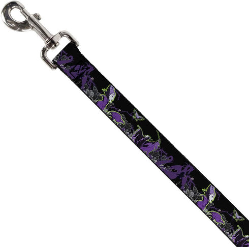 Buckle-Down Pet Leash - Maleficent & Diablo Black Roses/Purples - 4 Feet Long - 1/2" Wide