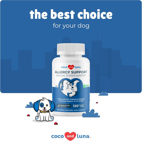 Allergy Support for Dogs, 120 Chewable Tablets with Vitamin C, Omega 3, Itch Relief, Skin Soother, Probiotics