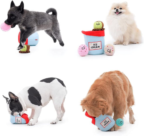 PawfectPals Interactive Squeaky Plush Toy for Dogs, Funny Ice Cream Bucket with Scoop