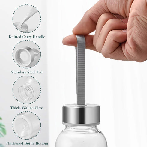 VANTOBEST 420ml 14.2oz Clear Glass Water Bottle with Stainless Steel Cap and Carrying Loop Refillable Sports Drinking