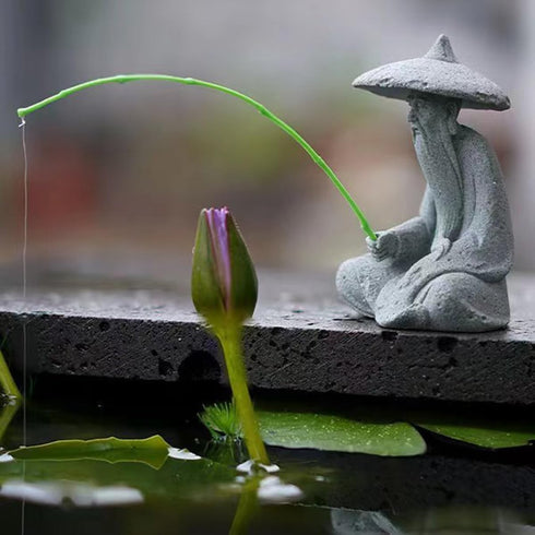 Mini Fisherman Figurine Sandstone Asian Aquarium Decorations Japanese Garden Ornaments, D