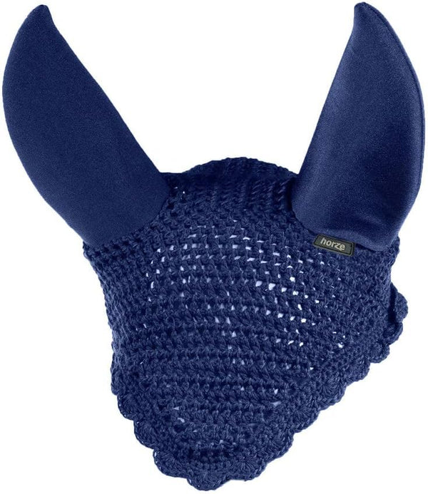 HORZE Supreme Peacoat Dark Blue Crochet Ear Bonnet - Sound Dampening Fly Protection for Sensitive Horses
