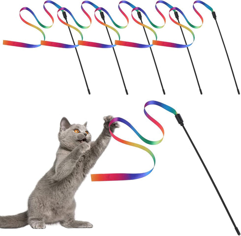 Cat Wand Interactive Toy, 5 Sets Colorful Fabric Ribbon Sticks for Indoor Play, Pet Toys for Kittens