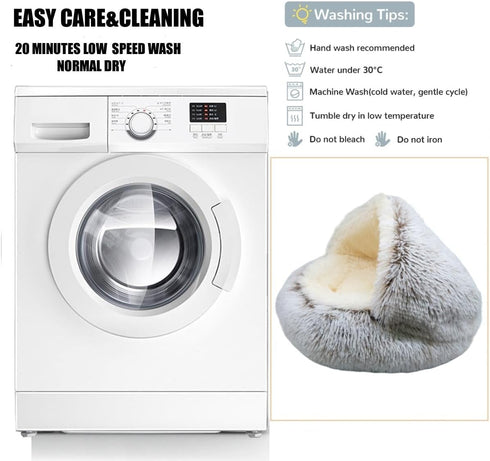 Calming Round Dog Beds & Cat Cave Bed, Plush Fluffy Anti-Anxiety Bed with Hooded Cover, Washable (Coffee, 20x20inch)