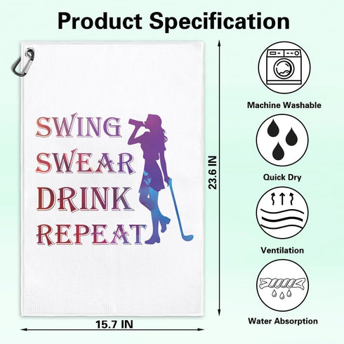 Swing Swear Repeat Funny Printed Microfiber Golf Towel with Clip, Great Gifts for Mom Golf Fan Golfer