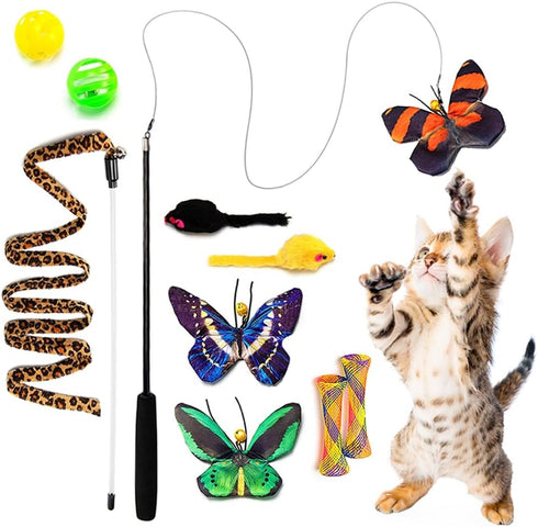 AWOOF Butterfly Cat Wand Toys Set - Realistic Crinkle Catnip Butterflies with Retractable Interactive Wand, 11 PCS