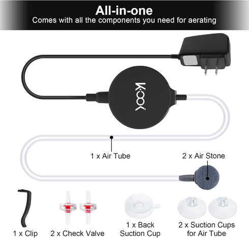 GuDoQi Ultra Quiet Mini Aquarium Air Pump, 1 Watt Oxygen Aerator Kit for 1-15 Gallon Fish Tank