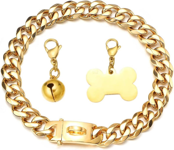 Gold Dog Collar 18k Cuban Link Chain, Chew Proof Stainless Steel, 15mm/19mm Wide, 10-26inch