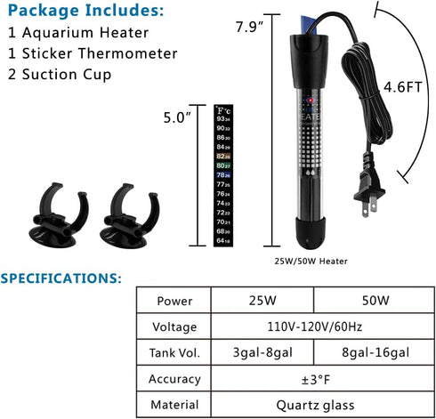 50W Adjustable Aquarium Heater, Submersible Water Heater for Small Fish Tank (8-16 gallons)