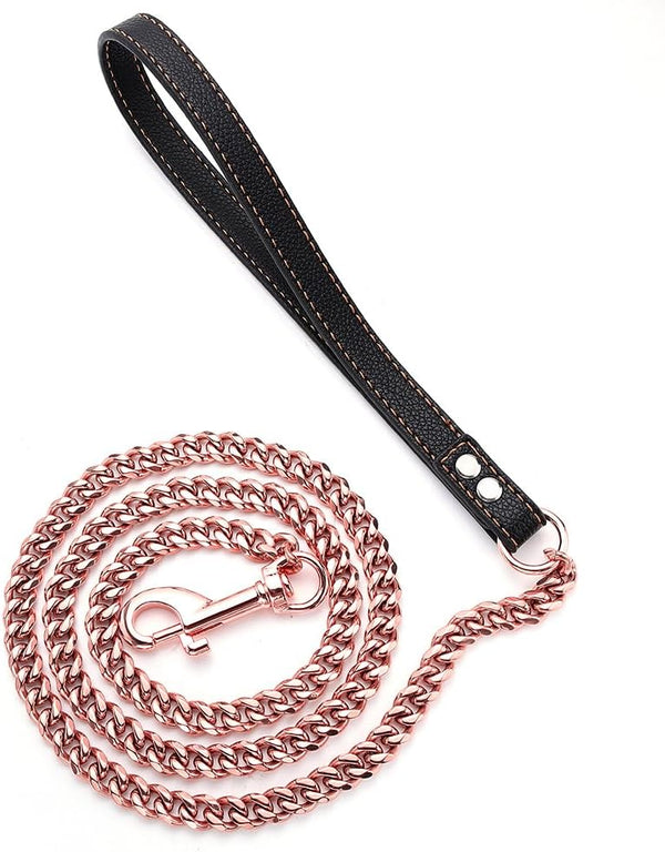 Rose Gold Dog Leash, 11mm Cuban Link Chain with Durable Stainless Steel Metal & Leather Handle, 3FT/4FT/5FT