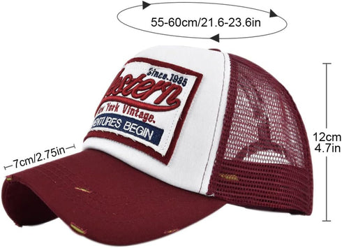 Vintage Embroidery Half Mesh Baseball Cap - Adjustable Unisex Washed Denim Trucker Sun Hat