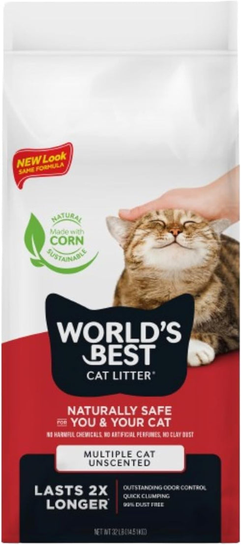 WORLD'S BEST CAT LITTER Multiple Cat Unscented, 32-Pounds - Natural Ingredients, Quick Clumping, Flushable