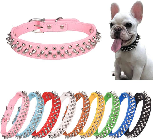 Spiked Dog Collar, Soft PU Leather Mushrooms Rivet Spike Studded Adjustable Cat Collars (Pink, L)