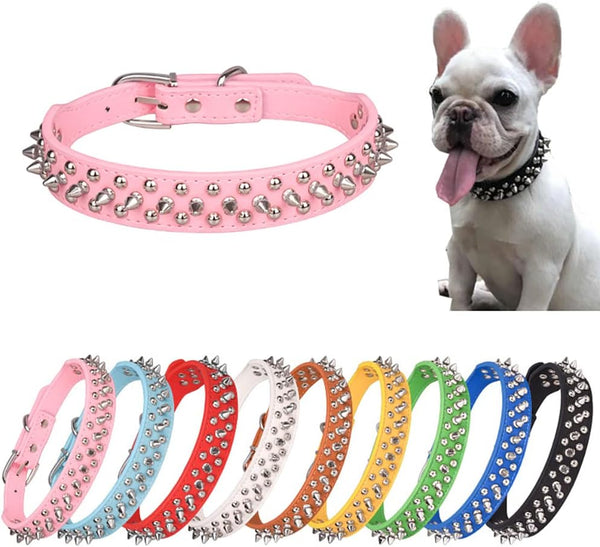 Spiked Dog Collar, Soft PU Leather Mushrooms Rivet Spike Studded Adjustable Cat Collars (Pink, L)