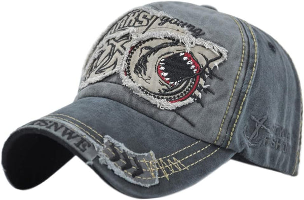 Vintage Baseball Cap, Denim Embroidered Shark Trucker Hat, Retro Frayed Edge Sunhat, 100% Cotton Outdoor