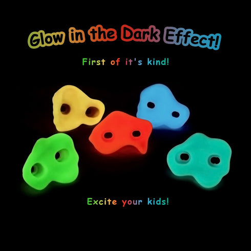 Glow-in-Dark Kids Rock Climbing Holds - 15 Luminous Colorful Holds, Install on Wall or Indoor/Outdoor Playset, Easy DIY