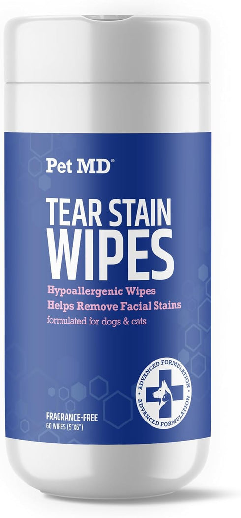 Pet MD Dog Tear Stain Remover Wipes, Cat and Dog Eye Wipes for Discharge and Crust, 60 ct