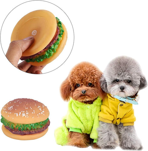 GLOGLOW Rubber Hamburger Squeaky Toy for Dogs, Teeth Grinding Cleaning Interactive Chew Toy