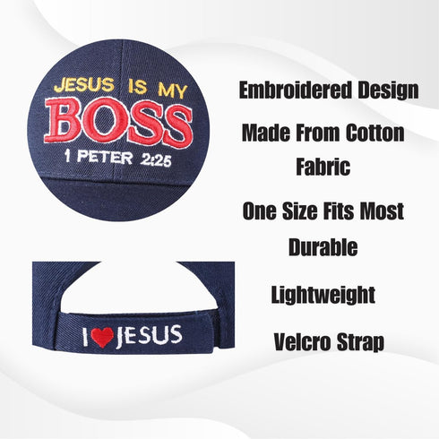 Jesus is My Boss | Inspirational Christian Baseball Hat for Men Women, Adjustable Velcro Strap