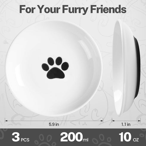 Cat Food Bowls, Pack of 3 Whisker Friendly Ceramic Bowls with Non-Slip Silicone Bottom for Indoor Cats, Kittens