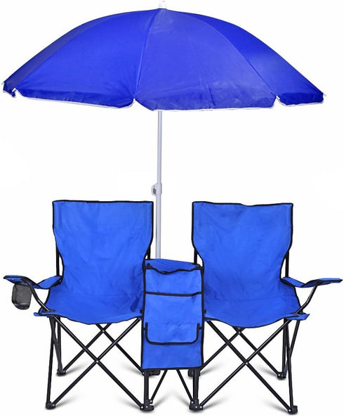 Flexzion Double Folding Beach Chair with Umbrella Table Cooler and Bag, Portable