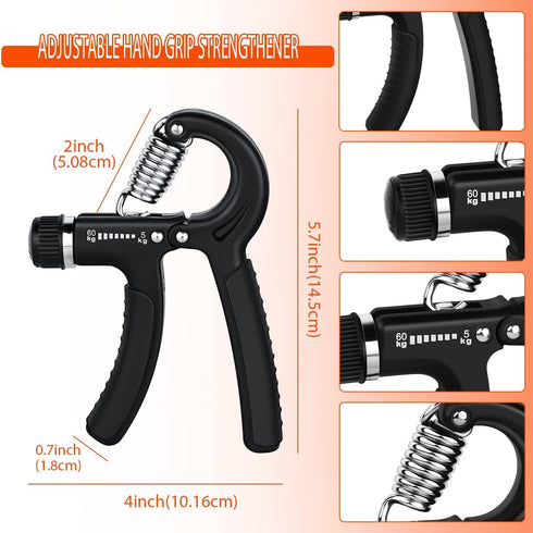 Hand Grip Strengthener Exerciser, 2 Pcs Adjustable Resistance 11-132 lbs Forearm Squeezer for Home Gym (Black)