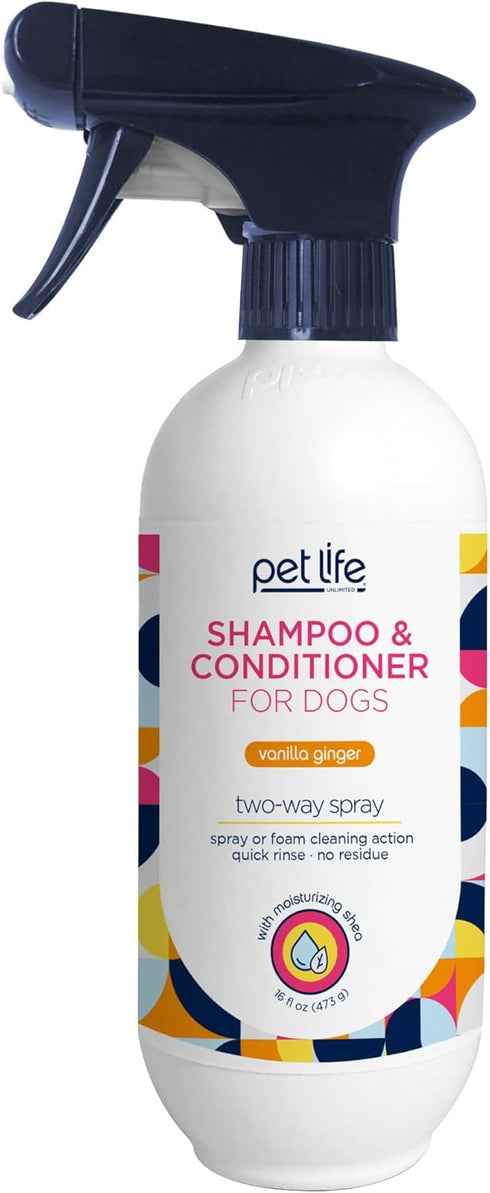 Dog Shampoo and Conditioner Foaming 2-in-1 Spray, Plant-Based Vanilla Ginger Scent, 16 Ounce