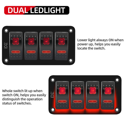 FXC Rocker Switch Aluminum Panel, 4 Gang Toggle Switches Dash, 5 Pin ON/OFF, 2 LED Backlit for Boat Car Marine Red