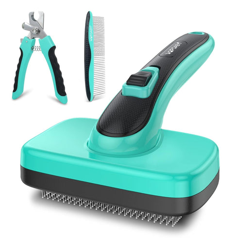 Self-Cleaning Slicker Brush for Dogs & Cats, Safe Painless Bristles, Grooming Set with Free Pet Comb + Nail Clippers