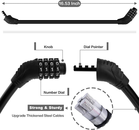 Heavy Duty Bike Lock Cable, 4 Digit Resettable Combination Lock, Portable Code Lock, 16 inches, 2 Pcs
