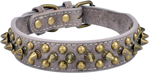 Adjustable PU Leather Pet Collars with Mushrooms Spiked Rivet Studs for Cats & Dogs (12"-14.5" Neck, A Grey)