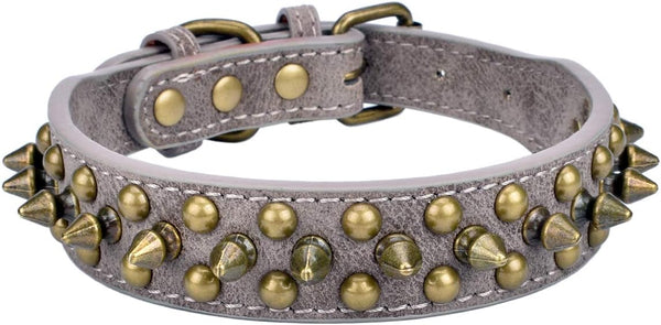 Adjustable PU Leather Pet Collars with Mushrooms Spiked Rivet Studs for Cats & Dogs (12"-14.5" Neck, A Grey)