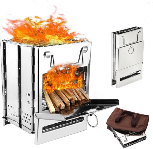 Foldable Camping Wood Burning Stove with Grill, Collapsible Stainless Steel Campfire Stove for Outdoor Cooking