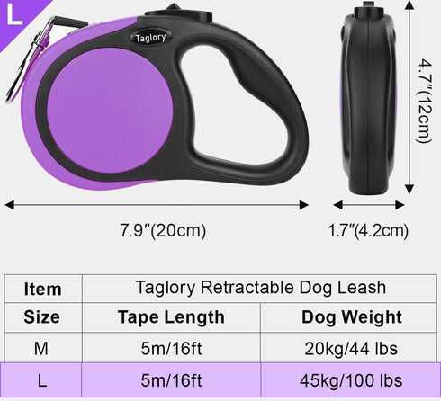 Taglory Retractable Dog Leash, 16ft No Tangle for Medium and Large Dogs up to 100 lbs, One-Handed Brake, Lock