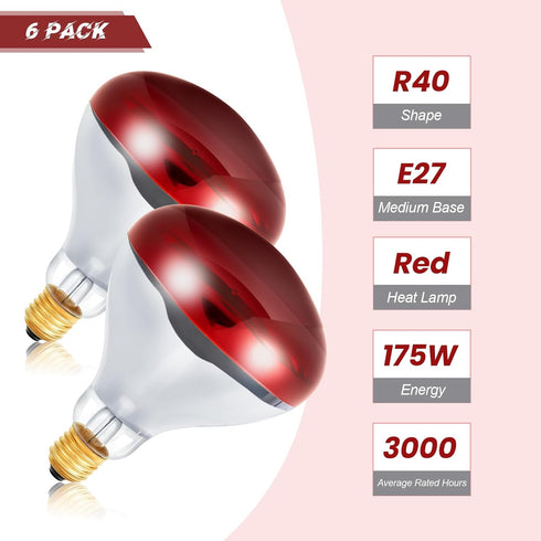 6 110V 175W Bulbs E26 Bulbs Treela Pcs Red Infrared Medium Base, Red Heat Lamp Flood Light Heat Light for Bathroom