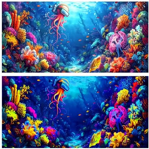 48X20IN Blacklight Ocean HD 3D Black Light Aquarium Background, UV Reactive Octopus Background with Tape