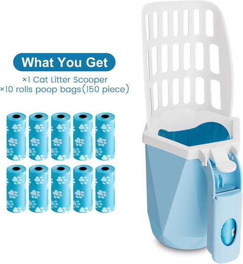 Cat Litter Scooper with Holder, Kitty Litter Scoop with 150 Refill Bags, Portable Cat Poop Scooper