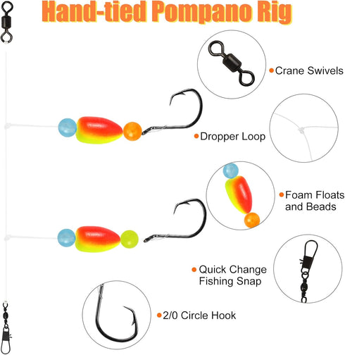 Pompano Rigs for Surf Fishing, Pre-Rigged Fishing Rigs with Floats Beads Double Circle Hook Tackle 12/15PCS