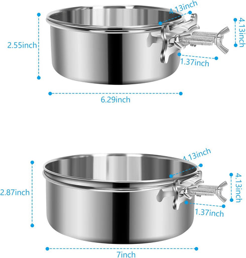 Dog Food Water Bowl for Cage with Clamp Holder, Stainless Steel Pet Kennel Hanging Bowls Non-Spill Detectable Bowls Crate Feeder for Small Medium Large Dogs (Silver, M (61 & 44 OZ))
